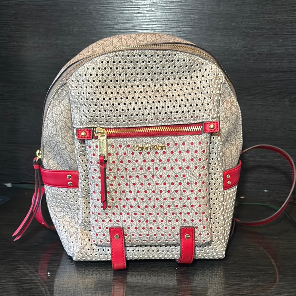 Calvin Klein Cream and Red Geometric Backpack